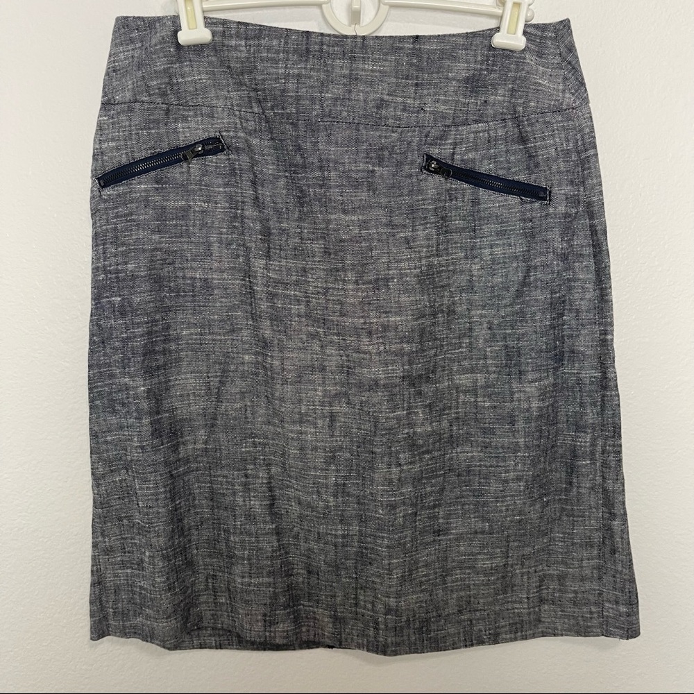 Sandro Chambray Linen Pencil Skirt Navy Grey Pockets